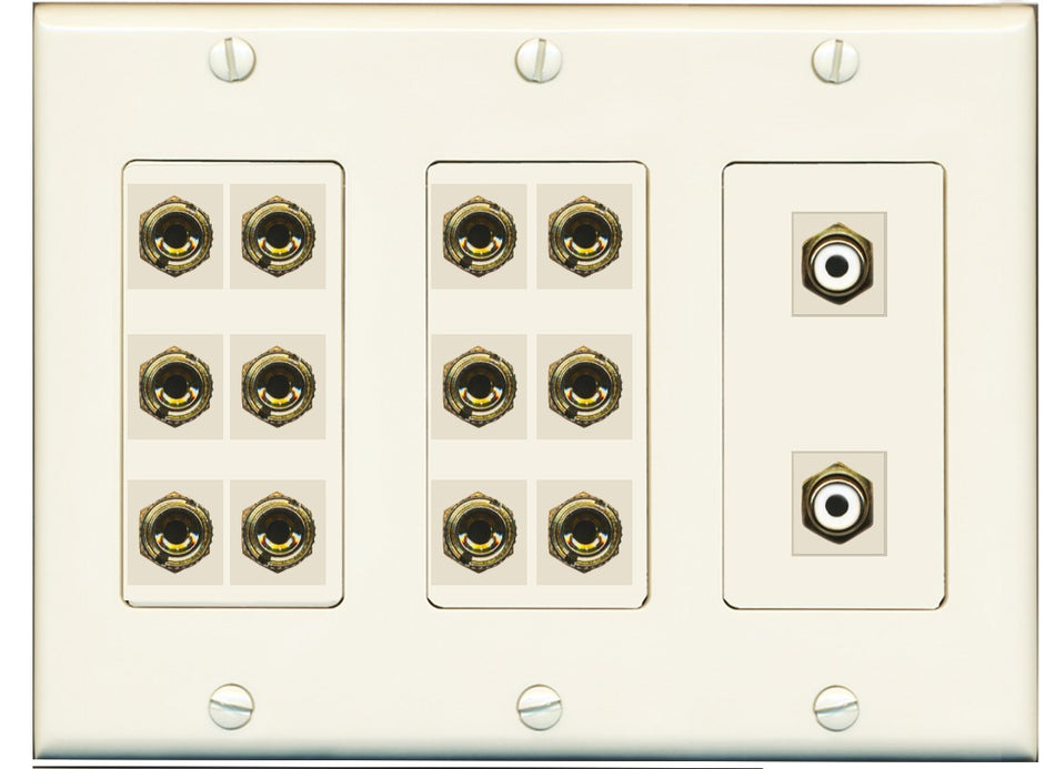RiteAV 6.2 Surround Sound 6 Speaker 12 Banana Plug Jack Wall Plate w/2 RCA Subwoofer Female Connector - 3 Gang [Light Almond]