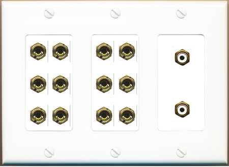 RiteAV 6.2 Surround Sound 6 Speaker 12 Banana Plug Jack Wall Plate w/2 RCA Subwoofer Female Connector - 3 Gang [White]