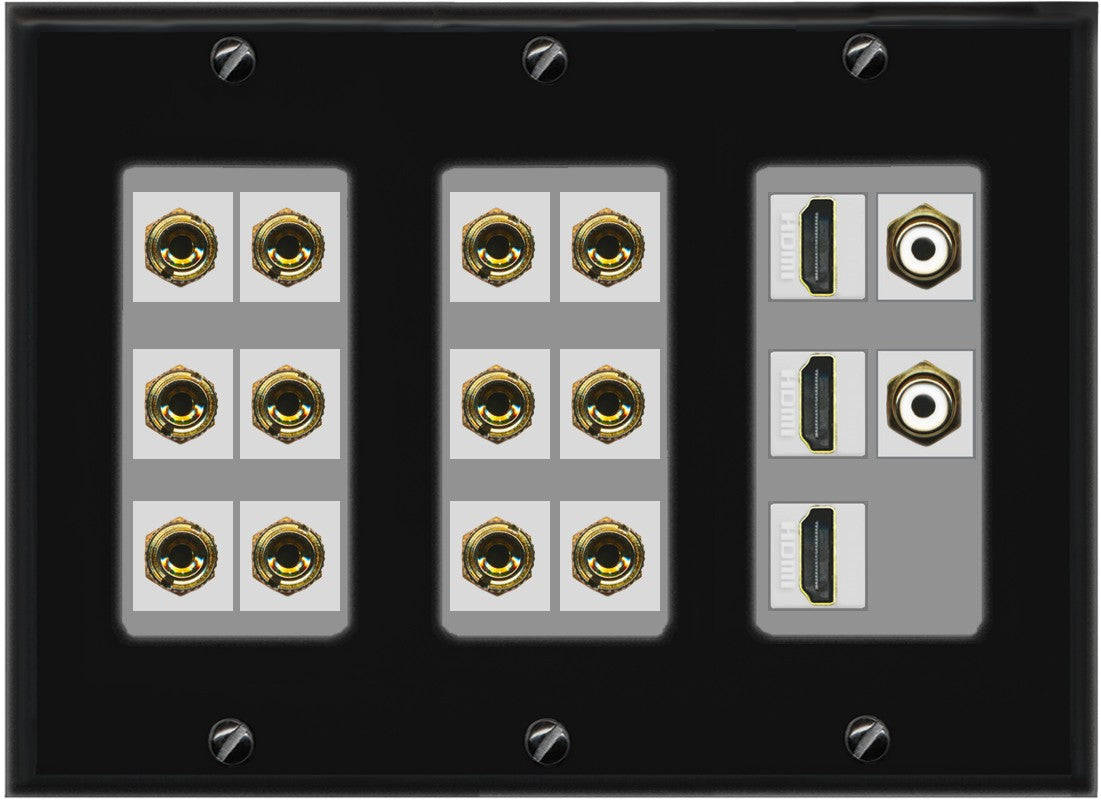 RiteAV 6.2 Surround Sound 6 Speaker 12 Banana Plug Jack Wall Plate w/ 2 RCA Subwoofer + 3 HDMI Female Connectors - 3 Gang [Black/Gray]