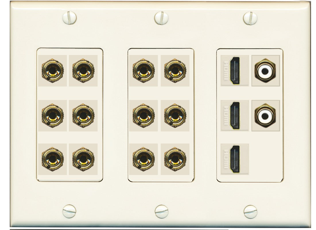 RiteAV 6.2 Surround Sound 6 Speaker 12 Banana Plug Jack Wall Plate w/ 2 RCA Subwoofer + 3 HDMI Female Connectors - 3 Gang [Light Almond]
