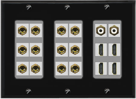 RiteAV 6.2 Surround Sound 6 Speaker 12 Banana Plug Jack Wall Plate w/ 2 RCA Subwoofer + 4 HDMI Female Connectors - 3 Gang [Black/Gray]