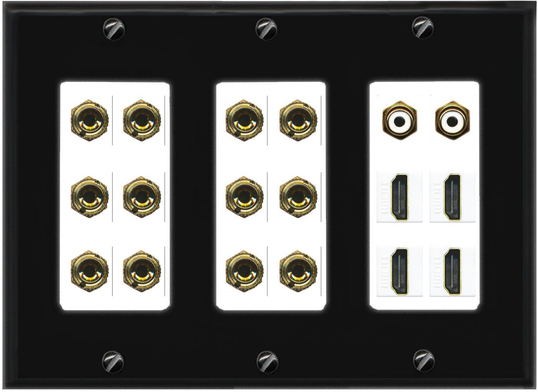 RiteAV 6.2 Surround Sound 6 Speaker 12 Banana Plug Jack Wall Plate w/ 2 RCA Subwoofer + 4 HDMI Female Connectors - 3 Gang [Black/White]