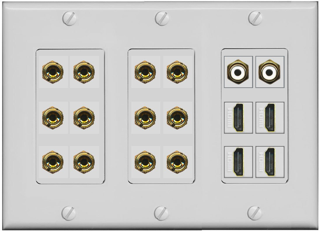 RiteAV 6.2 Surround Sound 6 Speaker 12 Banana Plug Jack Wall Plate w/ 2 RCA Subwoofer + 4 HDMI Female Connectors - 3 Gang [Gray]