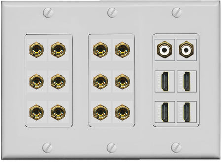 RiteAV 6.2 Surround Sound 6 Speaker 12 Banana Plug Jack Wall Plate w/ 2 RCA Subwoofer + 4 HDMI Female Connectors - 3 Gang [Gray]