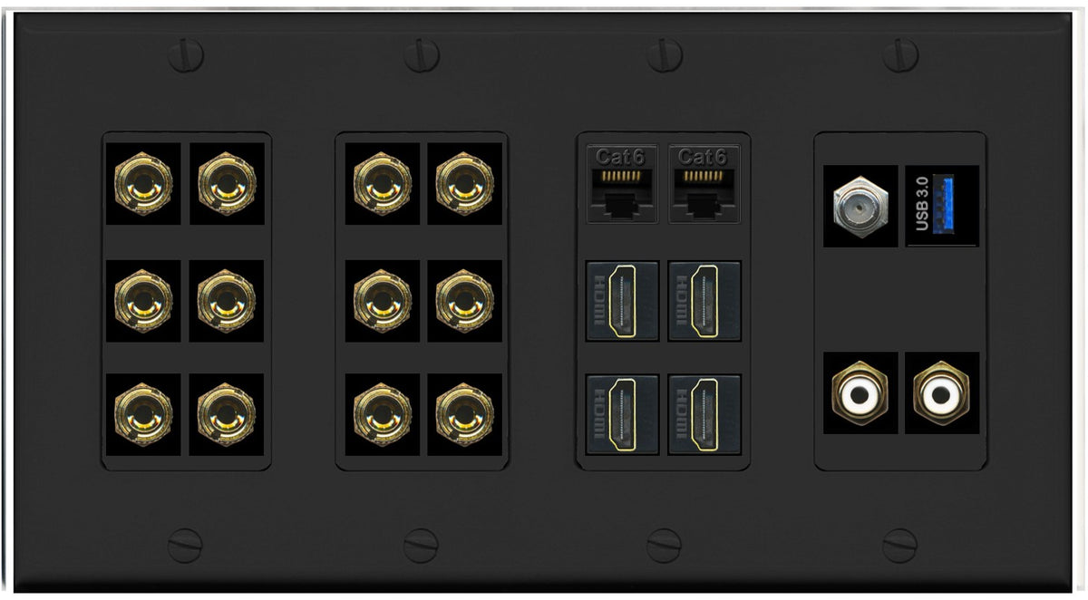 RiteAV 6.2 Surround Sound 6 Speaker 12 Banana Plug Jack Wall Plate w/ 2 RCA Subwoofer + 4 HDMI Coax + 2 x Cat6 1 x USB Jacks - 4 Gang [Black]