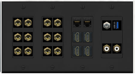 RiteAV 6.2 Surround Sound 6 Speaker 12 Banana Plug Jack Wall Plate w/ 2 RCA Subwoofer + 4 HDMI Coax + 2 x Cat6 1 x USB Jacks - 4 Gang [Black]