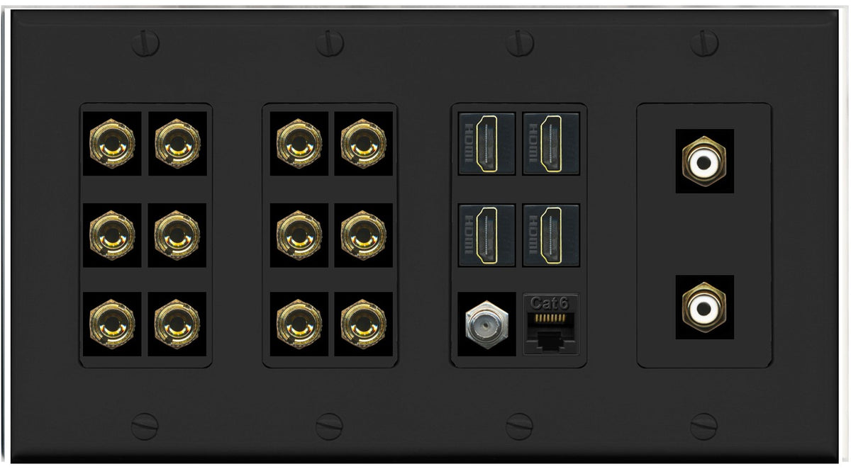RiteAV 6.2 Surround Sound 6 Speaker 12 Banana Plug Jack Wall Plate w/ 2 RCA Subwoofer + 4 HDMI + 1 x Coax Cat6 Jacks - 4 Gang [Black]