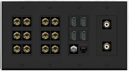 RiteAV 6.2 Surround Sound 6 Speaker 12 Banana Plug Jack Wall Plate w/ 2 RCA Subwoofer + 4 HDMI + 1 x Coax Cat6 Jacks - 4 Gang [Black]