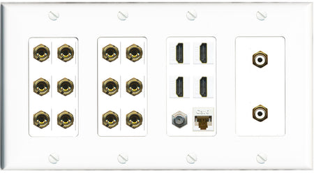 RiteAV 6.2 Surround Sound 6 Speaker 12 Banana Plug Jack Wall Plate w/ 2 RCA Subwoofer + 4 HDMI + 1 x Coax Cat6 Jacks - 4 Gang [White]