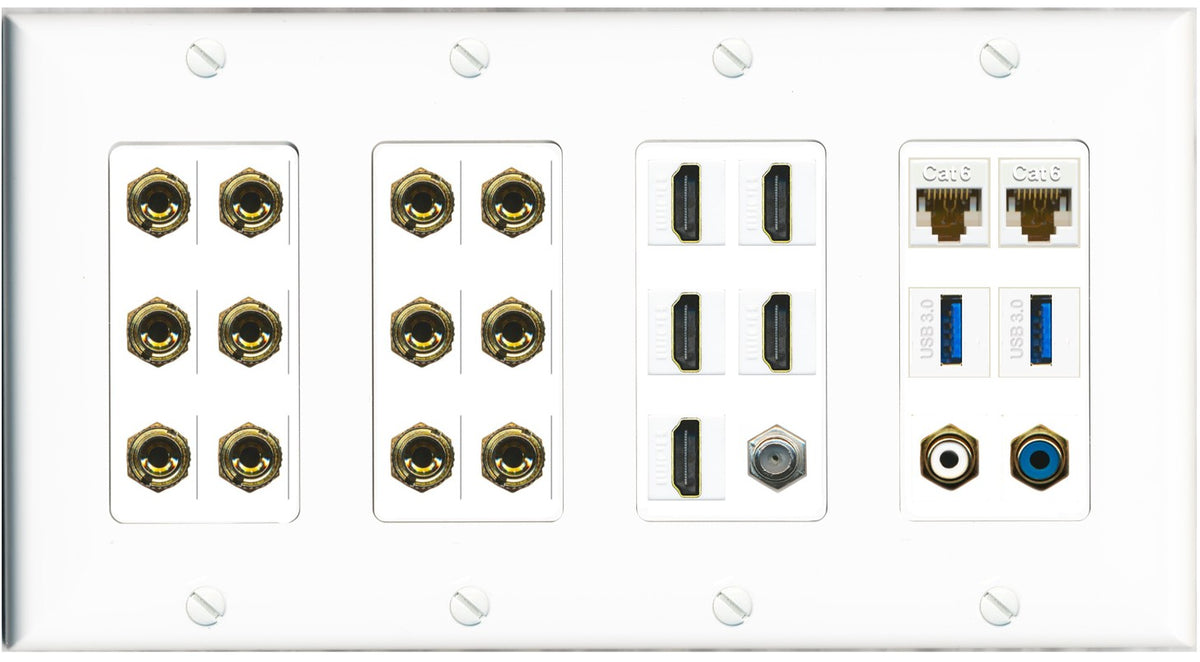 RiteAV 6.2 Surround Sound 6 Speaker 12 Banana Plug Jack Wall Plate w/ 2 RCA Subwoofer + 5 HDMI Coax + 2 x Cat6 2 x USB Jacks - 4 Gang [White]