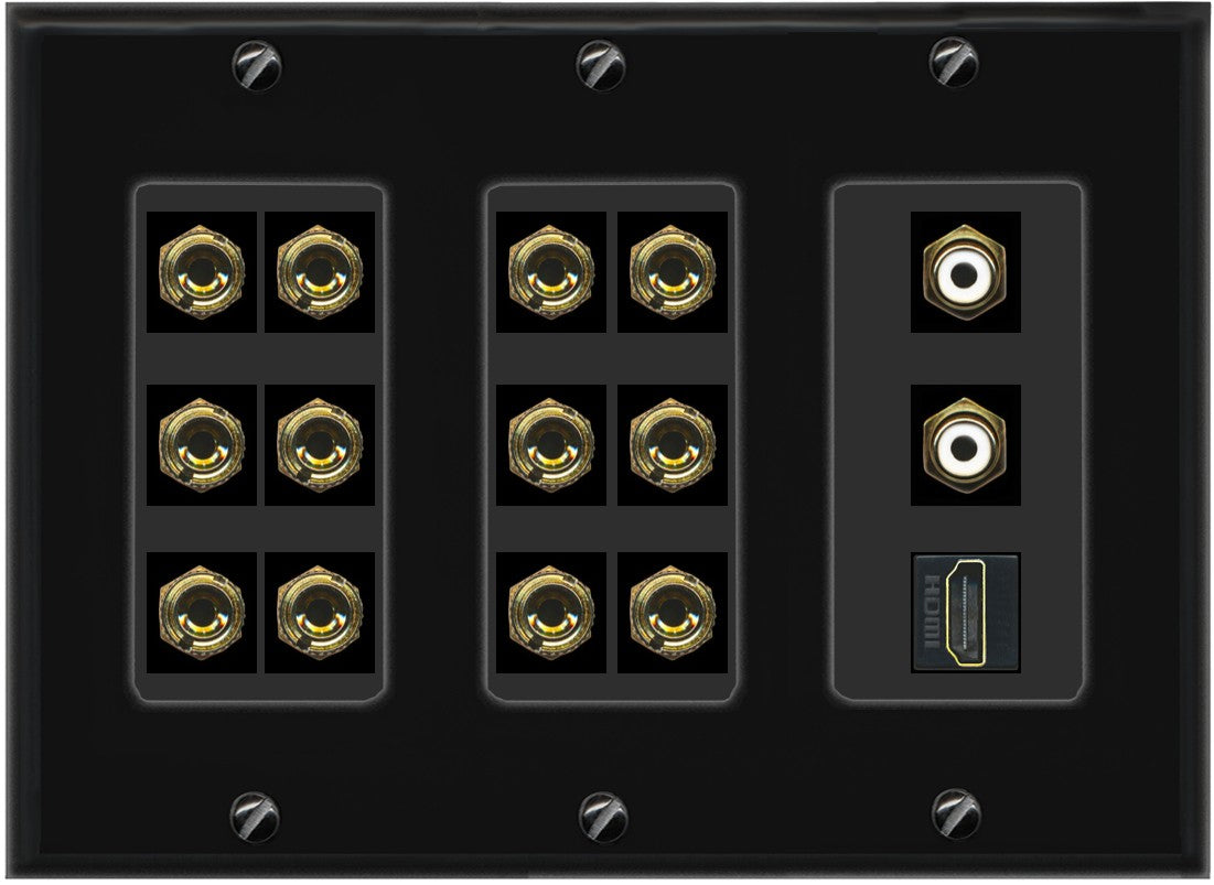 RiteAV 6.2 Surround Sound 6 Speaker 12 Banana Plug Jack Wall Plate w/ 2 RCA Subwoofer + 1 HDMI Female Connectors - 3 Gang [Black]