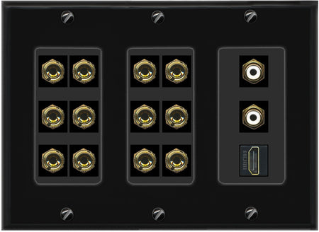 RiteAV 6.2 Surround Sound 6 Speaker 12 Banana Plug Jack Wall Plate w/ 2 RCA Subwoofer + 1 HDMI Female Connectors - 3 Gang [Black]