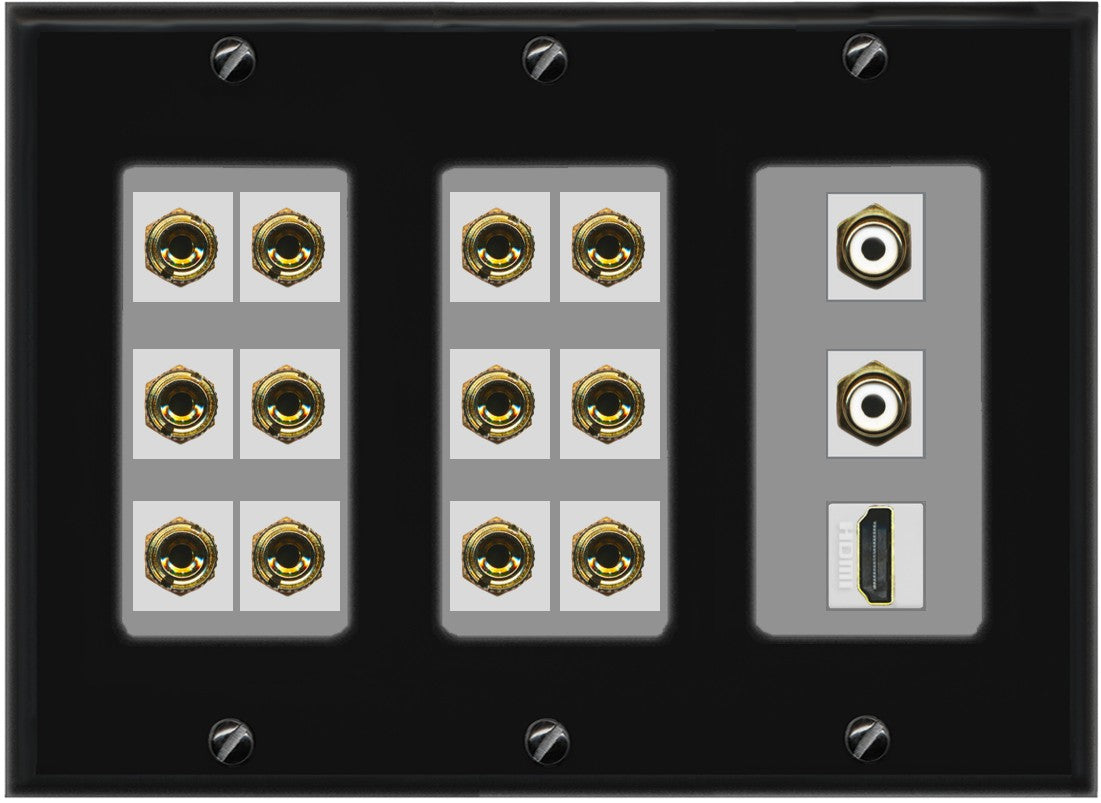 RiteAV 6.2 Surround Sound 6 Speaker 12 Banana Plug Jack Wall Plate w/ 2 RCA Subwoofer + 1 HDMI Female Connectors - 3 Gang [Black/Gray]