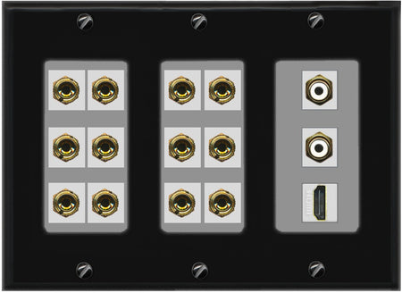 RiteAV 6.2 Surround Sound 6 Speaker 12 Banana Plug Jack Wall Plate w/ 2 RCA Subwoofer + 1 HDMI Female Connectors - 3 Gang [Black/Gray]