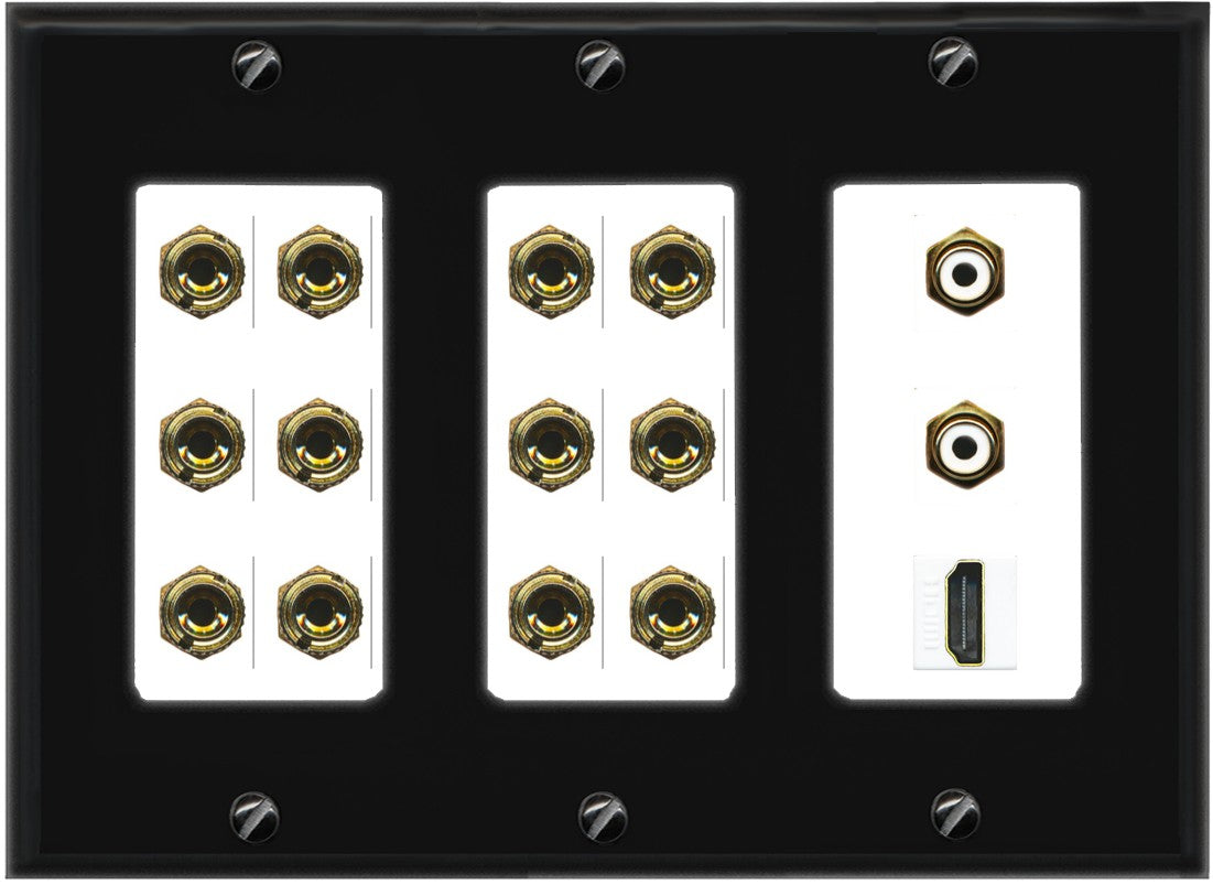 RiteAV 6.2 Surround Sound 6 Speaker 12 Banana Plug Jack Wall Plate w/ 2 RCA Subwoofer + 1 HDMI Female Connectors - 3 Gang [Black/White]