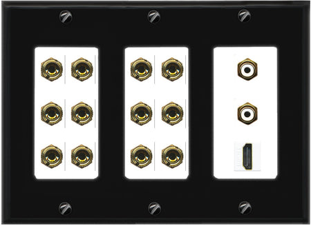 RiteAV 6.2 Surround Sound 6 Speaker 12 Banana Plug Jack Wall Plate w/ 2 RCA Subwoofer + 1 HDMI Female Connectors - 3 Gang [Black/White]