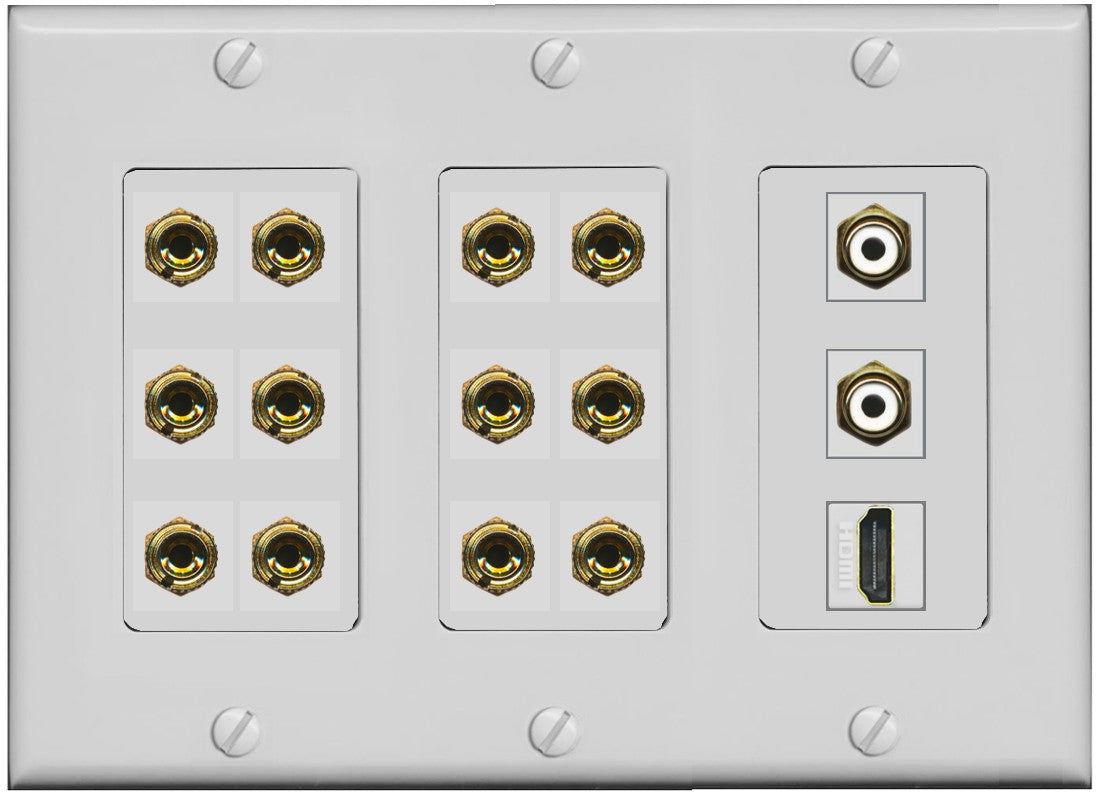 RiteAV 6.2 Surround Sound 6 Speaker 12 Banana Plug Jack Wall Plate w/ 2 RCA Subwoofer + 1 HDMI Female Connectors - 3 Gang [Gray]