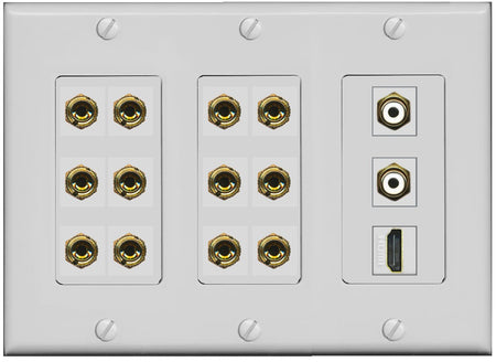 RiteAV 6.2 Surround Sound 6 Speaker 12 Banana Plug Jack Wall Plate w/ 2 RCA Subwoofer + 1 HDMI Female Connectors - 3 Gang [Gray]