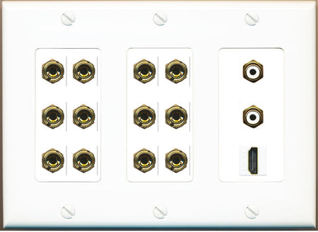 RiteAV 6.2 Surround Sound 6 Speaker 12 Banana Plug Jack Wall Plate w/ 2 RCA Subwoofer + 1 HDMI Female Connectors - 3 Gang [White]
