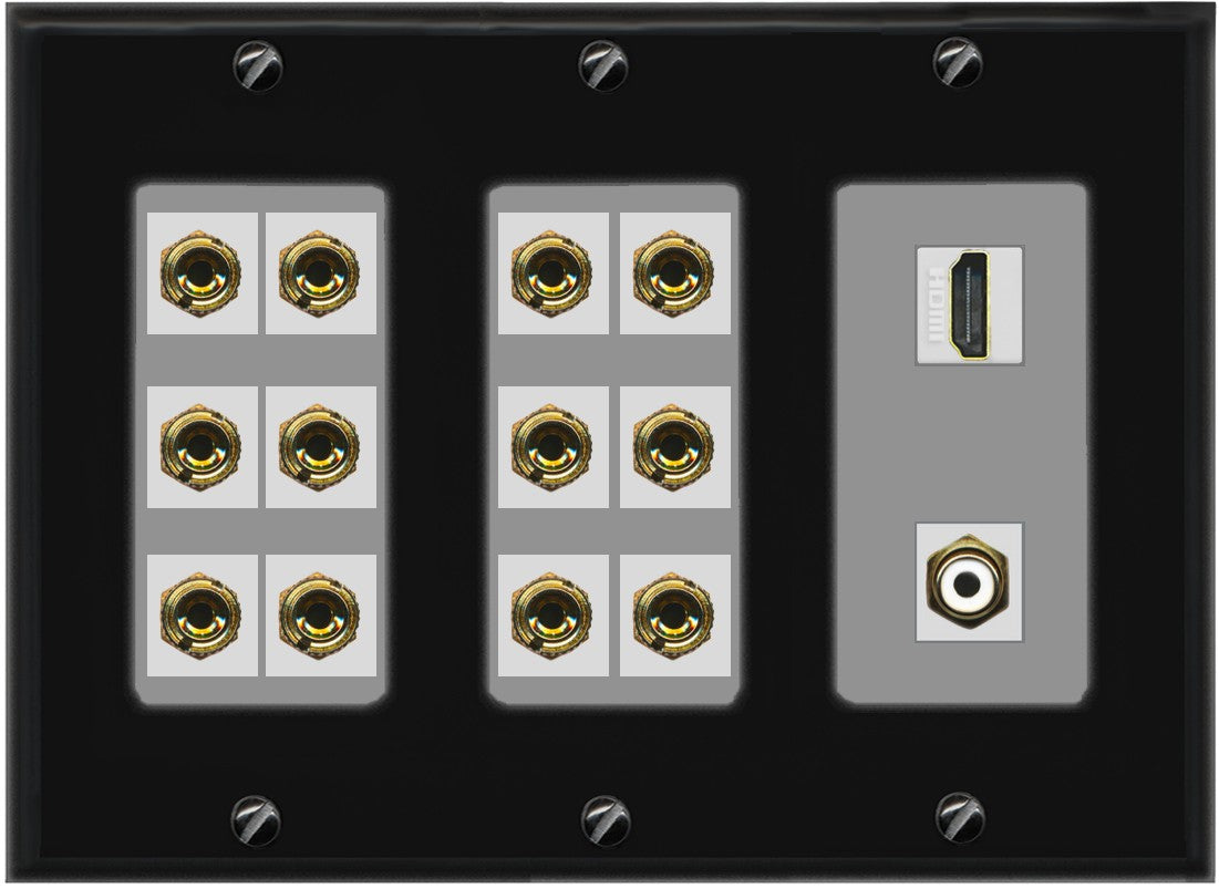 RiteAV 6.1 Surround Sound 6 Speaker 12 Banana Wall Plate with HDMI and RCA Female to Female Connectors - 3 Gang [Black/Gray]