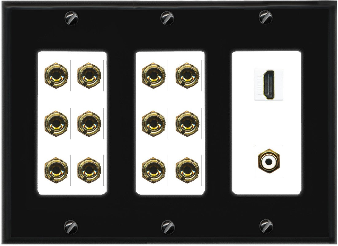 RiteAV 6.1 Surround Sound 6 Speaker 12 Banana Wall Plate with HDMI and RCA Female to Female Connectors - 3 Gang [Black/White]