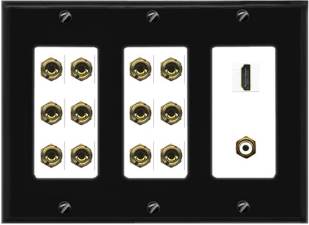 RiteAV 6.1 Surround Sound 6 Speaker 12 Banana Wall Plate with HDMI and RCA Female to Female Connectors - 3 Gang [Black/White]