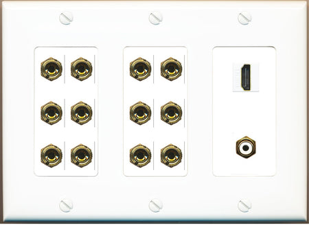 RiteAV 6.1 Surround Sound 6 Speaker 12 Banana Wall Plate with HDMI and RCA Female to Female Connectors - 3 Gang [White]