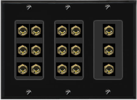 RiteAV 6.1 Surround Sound 6 Speaker 12 Banana Plug Jack Wall Plate w/RCA Subwoofer + 2 HDMI Female Connectors - 3 Gang [Black]