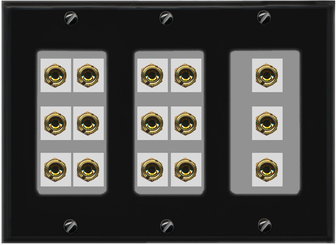 RiteAV 6.1 Surround Sound 6 Speaker 12 Banana Plug Jack Wall Plate w/RCA Subwoofer + 2 HDMI Female Connectors - 3 Gang [Black/Gray]