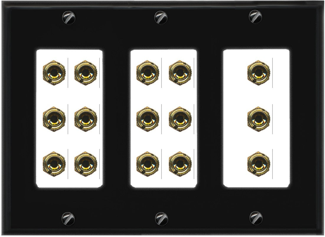 RiteAV 6.1 Surround Sound 6 Speaker 12 Banana Plug Jack Wall Plate w/RCA Subwoofer + 2 HDMI Female Connectors - 3 Gang [Black/White]