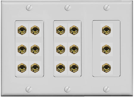 RiteAV 6.1 Surround Sound 6 Speaker 12 Banana Plug Jack Wall Plate w/RCA Subwoofer + 2 HDMI Female Connectors - 3 Gang [Gray]
