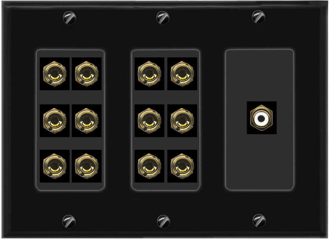RiteAV 6.1 Surround Sound 6 Speaker 12 Banana Plug Jack Wall Plate w/RCA Subwoofer Female Connector - 3 Gang [Black]