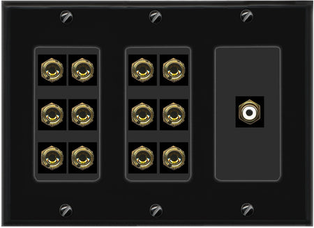 RiteAV 6.1 Surround Sound 6 Speaker 12 Banana Plug Jack Wall Plate w/RCA Subwoofer Female Connector - 3 Gang [Black]