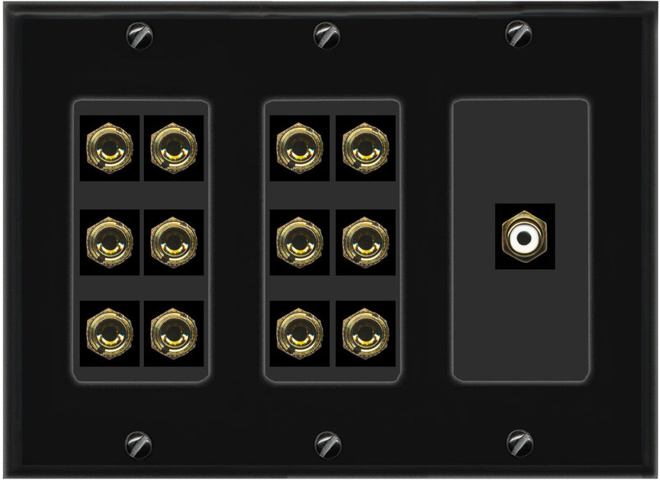 RiteAV 6.1 Surround Sound 6 Speaker 12 Banana Plug Jack Wall Plate w/RCA Subwoofer Female Connector - 3 Gang [Black]
