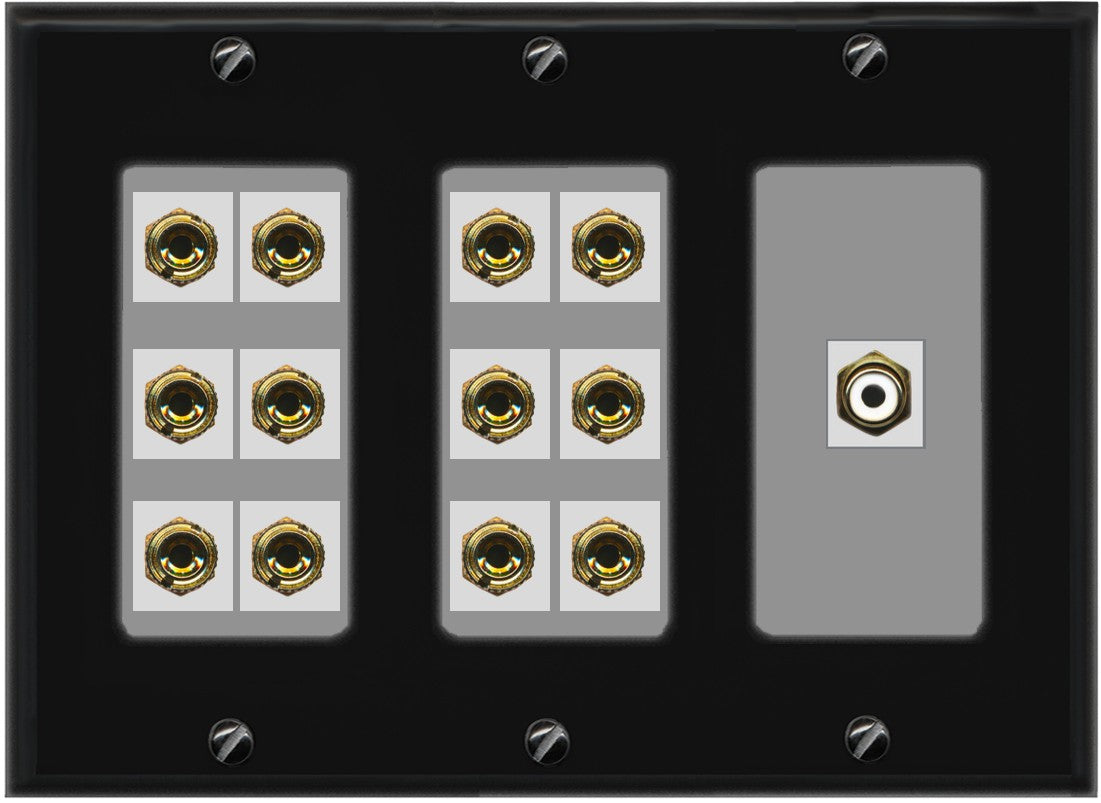 RiteAV 6.1 Surround Sound 6 Speaker 12 Banana Plug Jack Wall Plate w/RCA Subwoofer Female Connector - 3 Gang [Black/Gray]