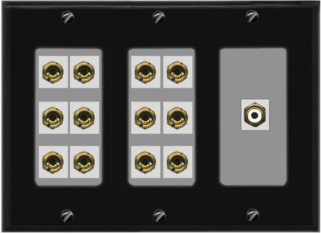 RiteAV 6.1 Surround Sound 6 Speaker 12 Banana Plug Jack Wall Plate w/RCA Subwoofer Female Connector - 3 Gang [Black/Gray]