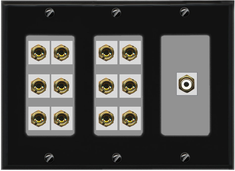 RiteAV 6.1 Surround Sound 6 Speaker 12 Banana Plug Jack Wall Plate w/RCA Subwoofer Female Connector - 3 Gang [Black/Gray]