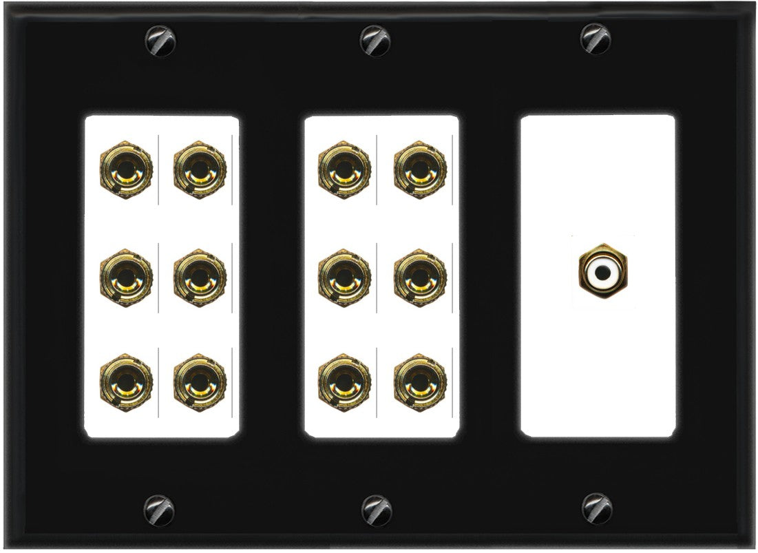 RiteAV 6.1 Surround Sound 6 Speaker 12 Banana Plug Jack Wall Plate w/RCA Subwoofer Female Connector - 3 Gang [Black/White]