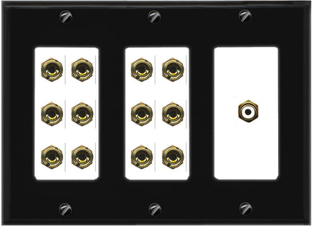 RiteAV 6.1 Surround Sound 6 Speaker 12 Banana Plug Jack Wall Plate w/RCA Subwoofer Female Connector - 3 Gang [Black/White]