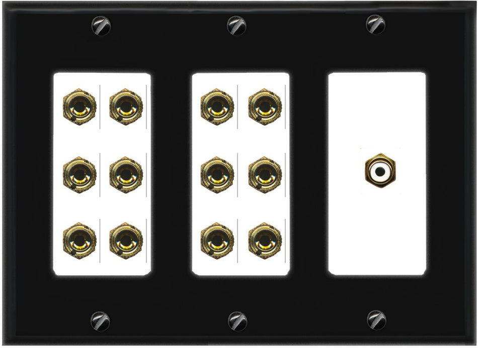RiteAV 6.1 Surround Sound 6 Speaker 12 Banana Plug Jack Wall Plate w/RCA Subwoofer Female Connector - 3 Gang [Black/White]