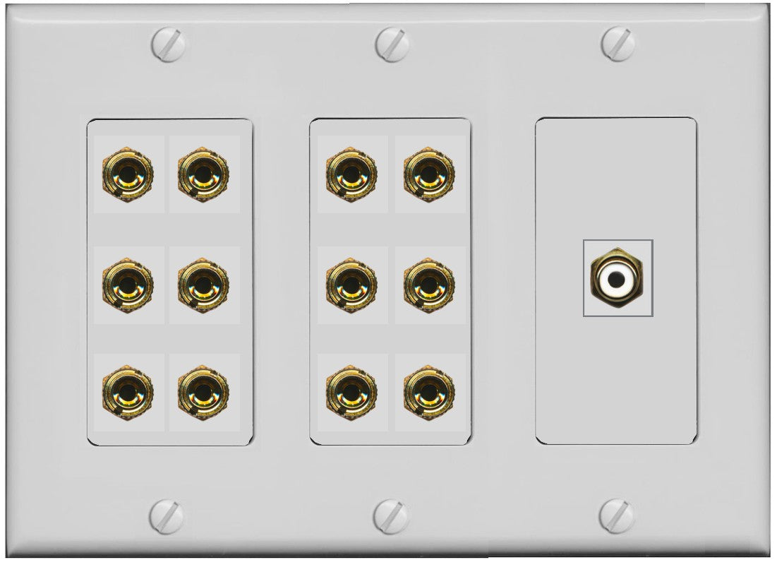 RiteAV 6.1 Surround Sound 6 Speaker 12 Banana Plug Jack Wall Plate w/RCA Subwoofer Female Connector - 3 Gang [Gray]