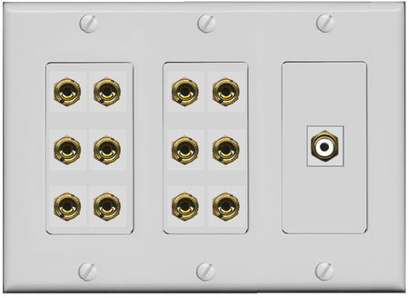 RiteAV 6.1 Surround Sound 6 Speaker 12 Banana Plug Jack Wall Plate w/RCA Subwoofer Female Connector - 3 Gang [Gray]
