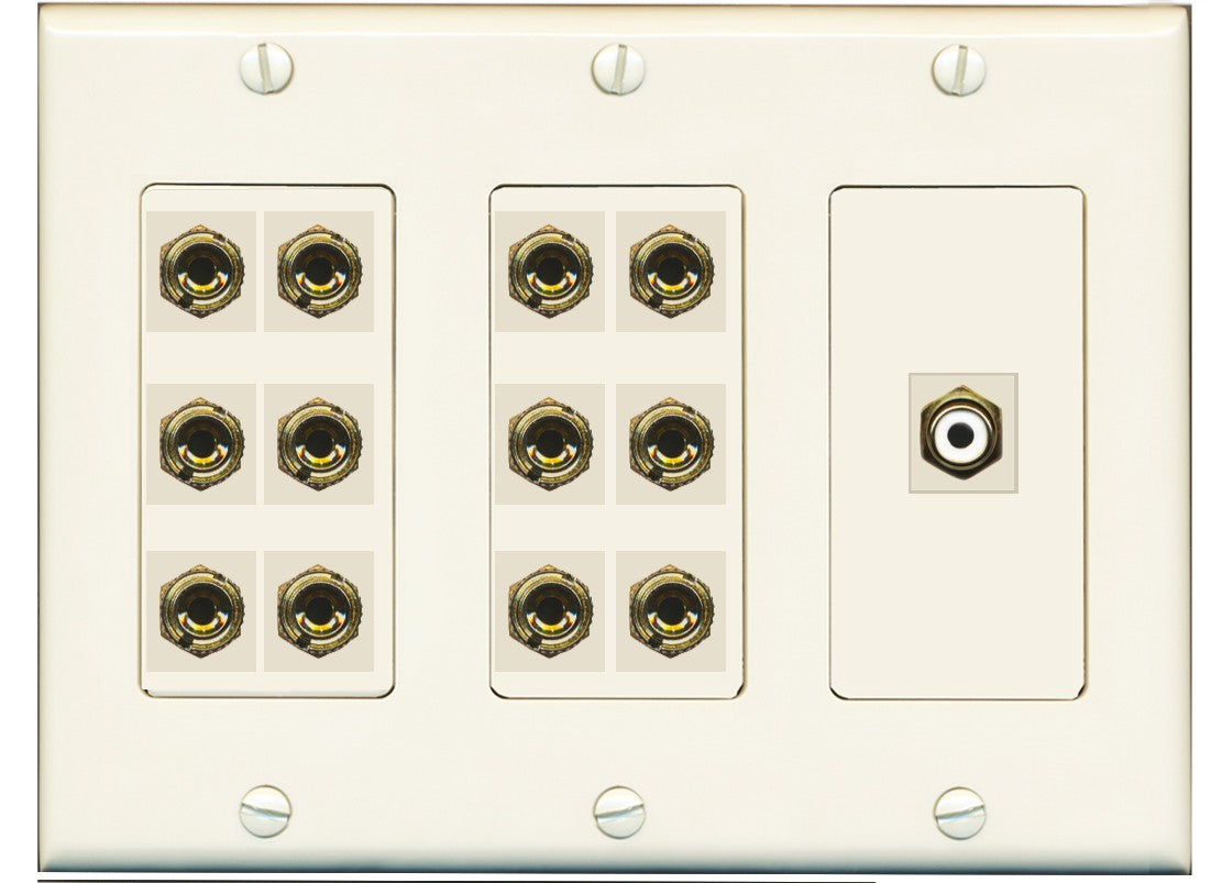 RiteAV 6.1 Surround Sound 6 Speaker 12 Banana Plug Jack Wall Plate w/RCA Subwoofer Female Connector - 3 Gang [Light Almond]