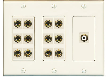 RiteAV 6.1 Surround Sound 6 Speaker 12 Banana Plug Jack Wall Plate w/RCA Subwoofer Female Connector - 3 Gang [Light Almond]