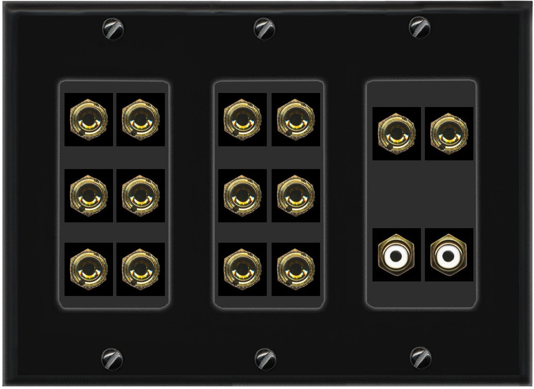 RiteAV 7.2 Surround Sound 7 Speaker 14 Banana Plug Jack Wall Plate w/2 RCA Subwoofer Female Connector - 3 Gang [Black]