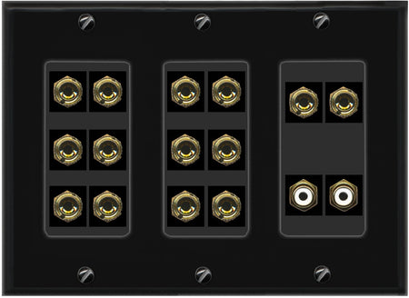 RiteAV 7.2 Surround Sound 7 Speaker 14 Banana Plug Jack Wall Plate w/2 RCA Subwoofer Female Connector - 3 Gang [Black]