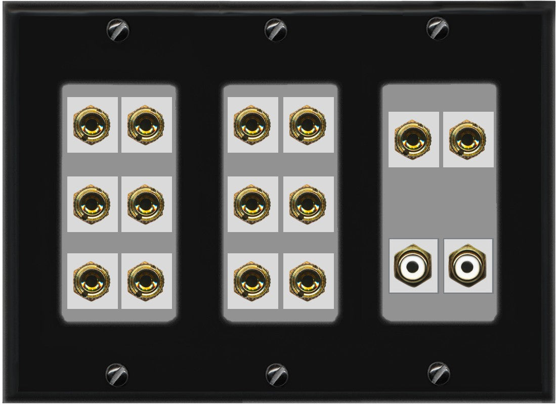RiteAV 7.2 Surround Sound 7 Speaker 14 Banana Plug Jack Wall Plate w/2 RCA Subwoofer Female Connector - 3 Gang [Black/Gray]