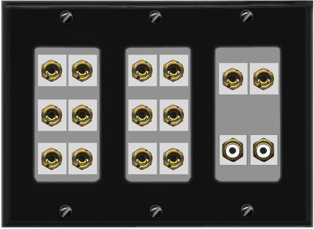 RiteAV 7.2 Surround Sound 7 Speaker 14 Banana Plug Jack Wall Plate w/2 RCA Subwoofer Female Connector - 3 Gang [Black/Gray]