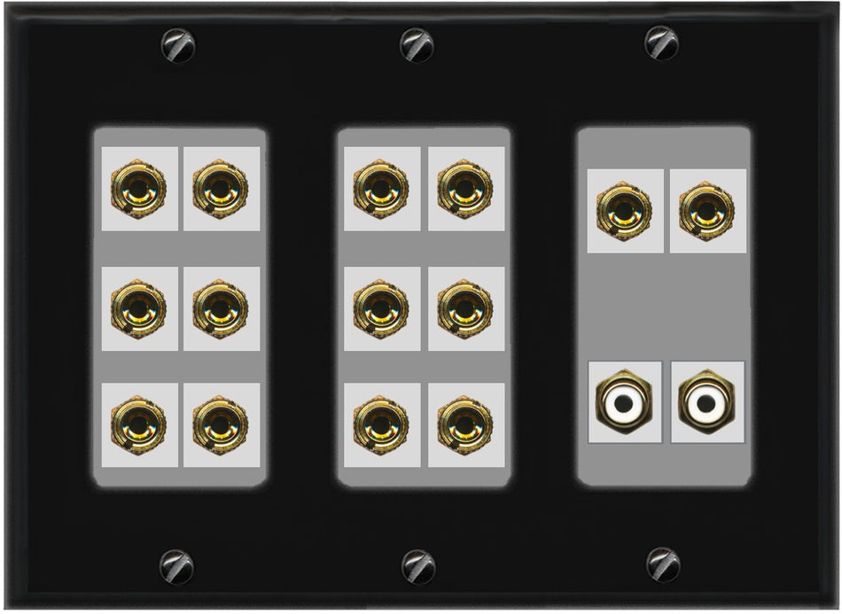 RiteAV 7.2 Surround Sound 7 Speaker 14 Banana Plug Jack Wall Plate w/2 RCA Subwoofer Female Connector - 3 Gang [Black/Gray]
