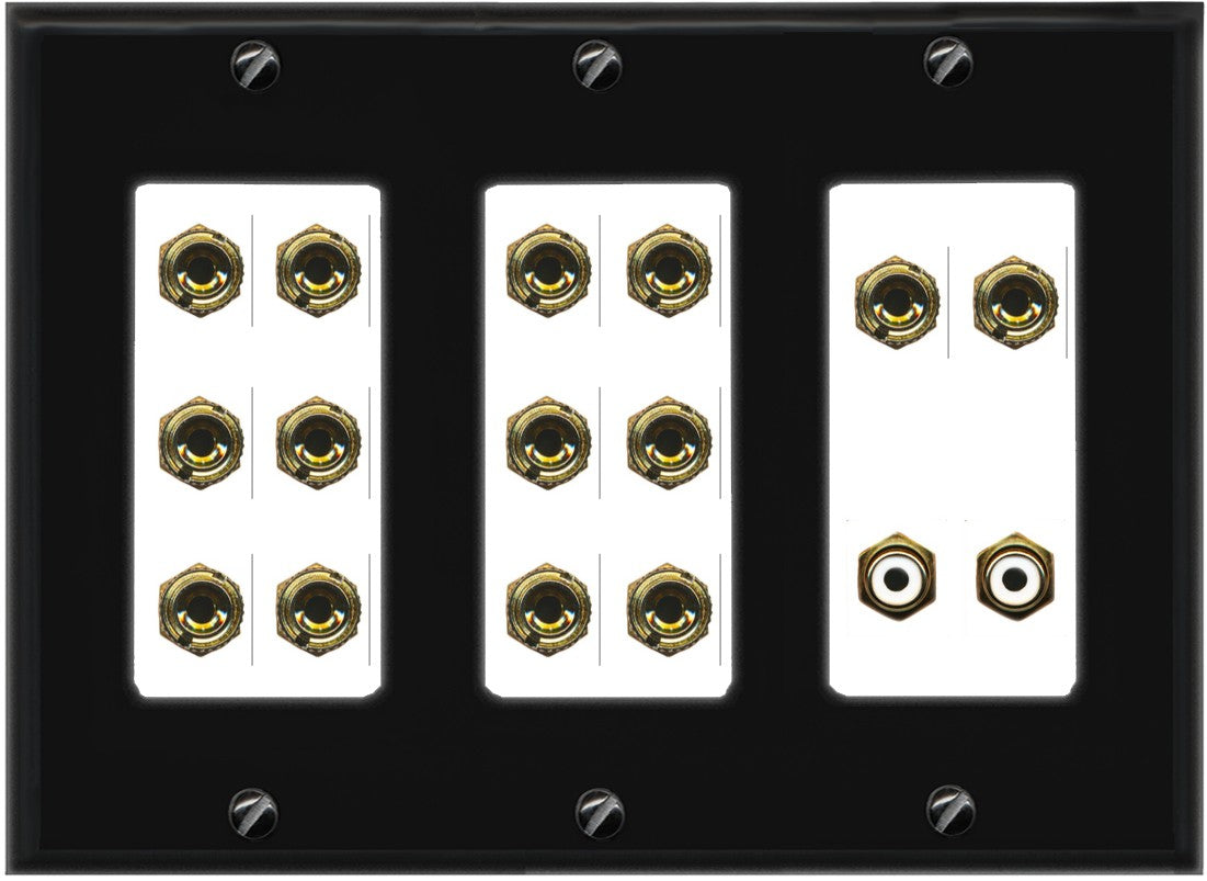RiteAV 7.2 Surround Sound 7 Speaker 14 Banana Plug Jack Wall Plate w/2 RCA Subwoofer Female Connector - 3 Gang [Black/White]